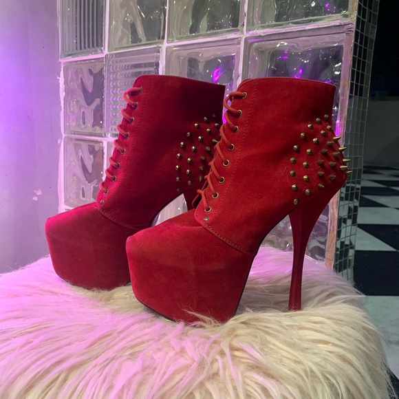SUEDE SPIKE STUDDED STILETTOS PLATFORM BOOTIES - Picture 2 of 8